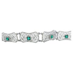 10k Art Deco Filigree Bracelet. Open Scroll link Princess Emerald bracelet.
