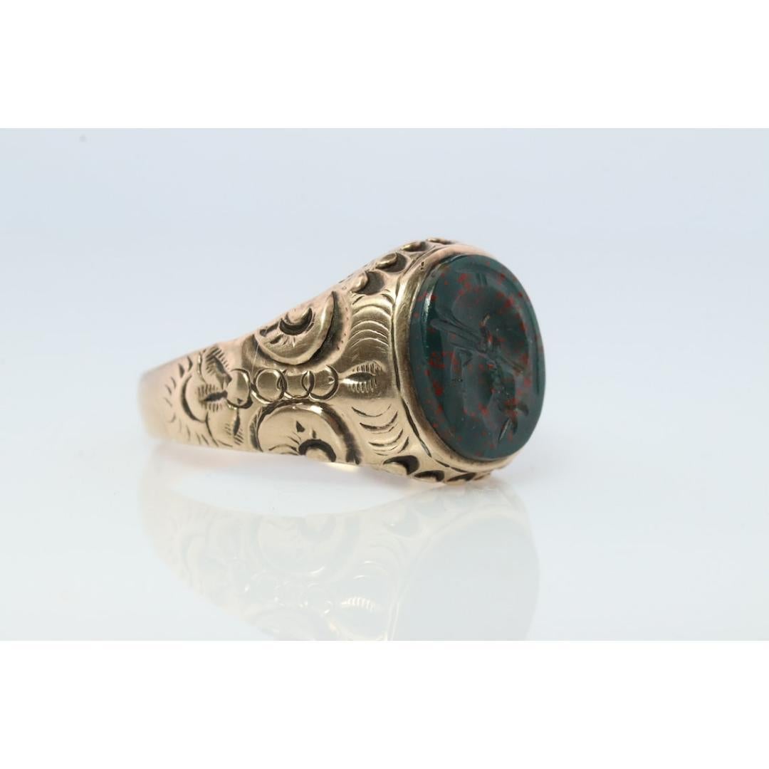 Women's or Men's 10k Bloodstone ring. Black and Red Blood stone yellow gold signet ring. Warrior For Sale