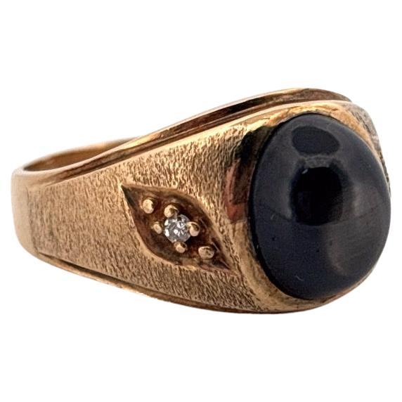 Rétro Anello con zaffiro nero e diamante in oro giallo spazzolato 10K in vendita
