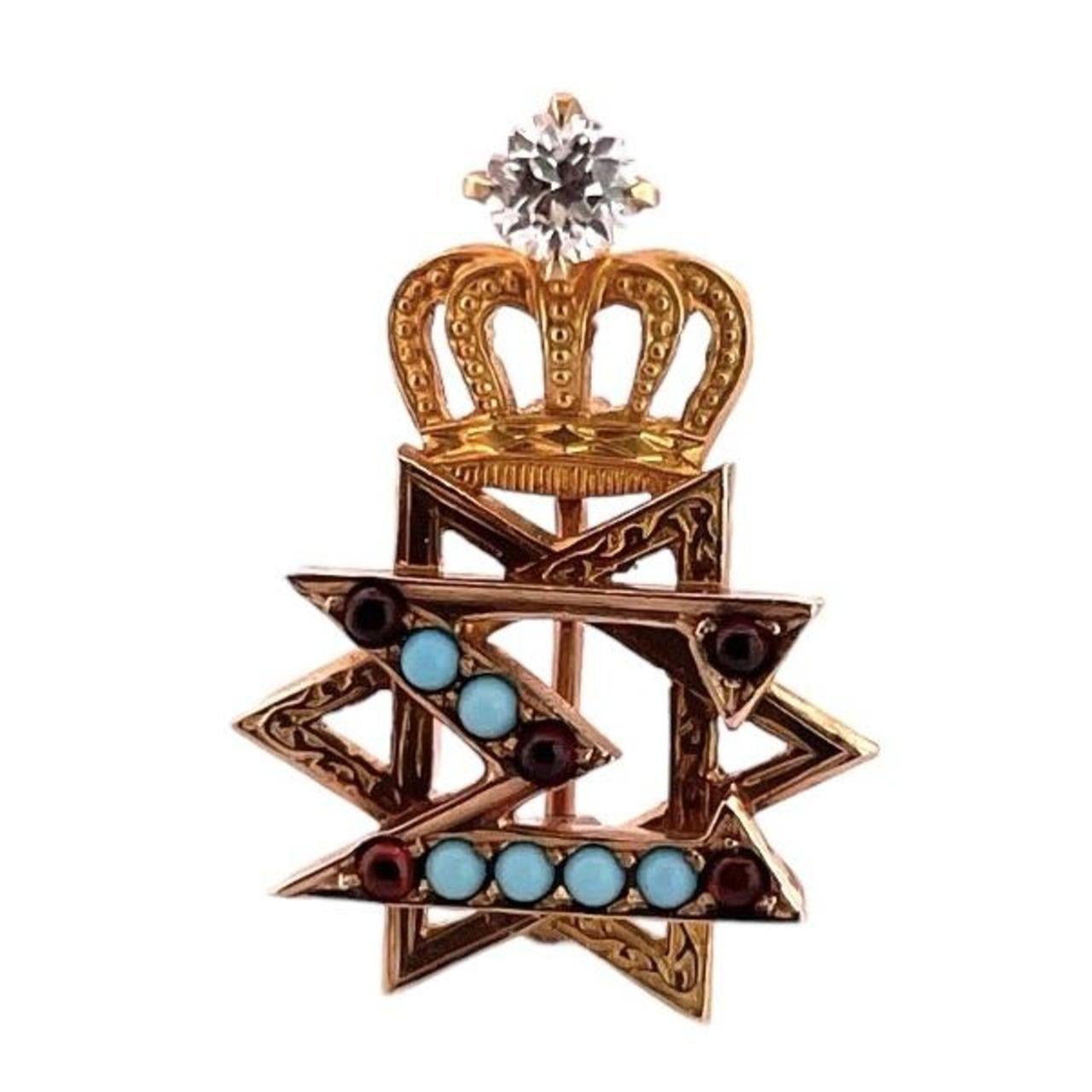 Round Cut 10K Delta Sigma Turquoise & Garnet Star of David Fraternity Pin For Sale