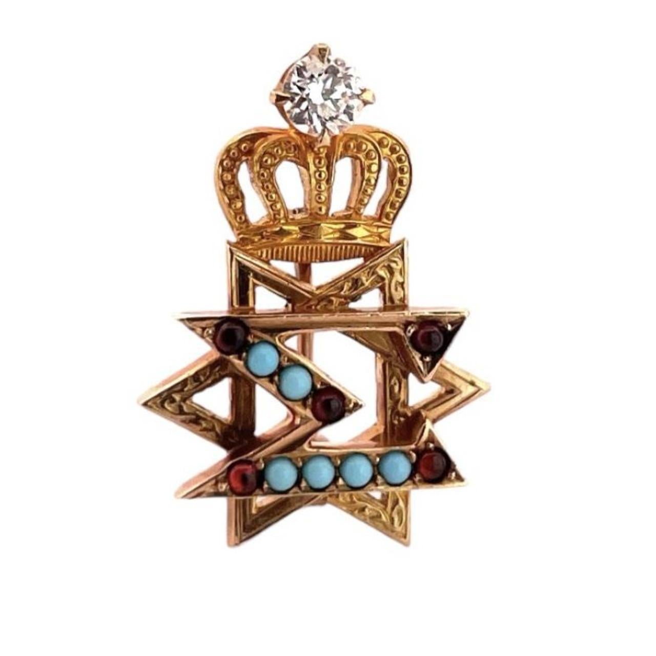 10K Delta Sigma Turquoise & Garnet Star of David Fraternity Pin In New Condition For Sale In New York, NY