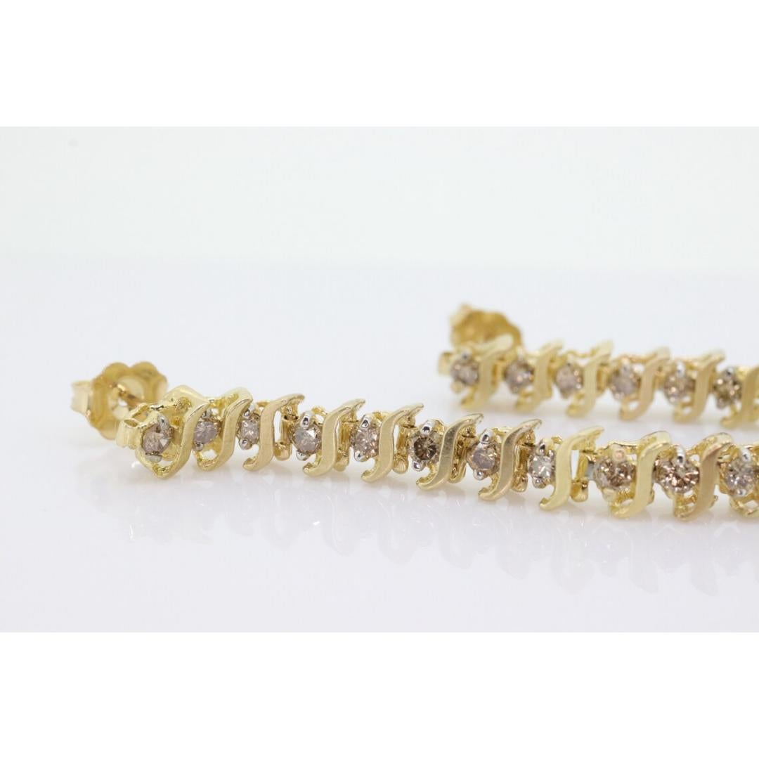 Boucles d'oreilles 10k diamant 3/4ctw. Boucles d'oreilles pendantes tennis à maillons en S avec diamants en champagne en vente 6
