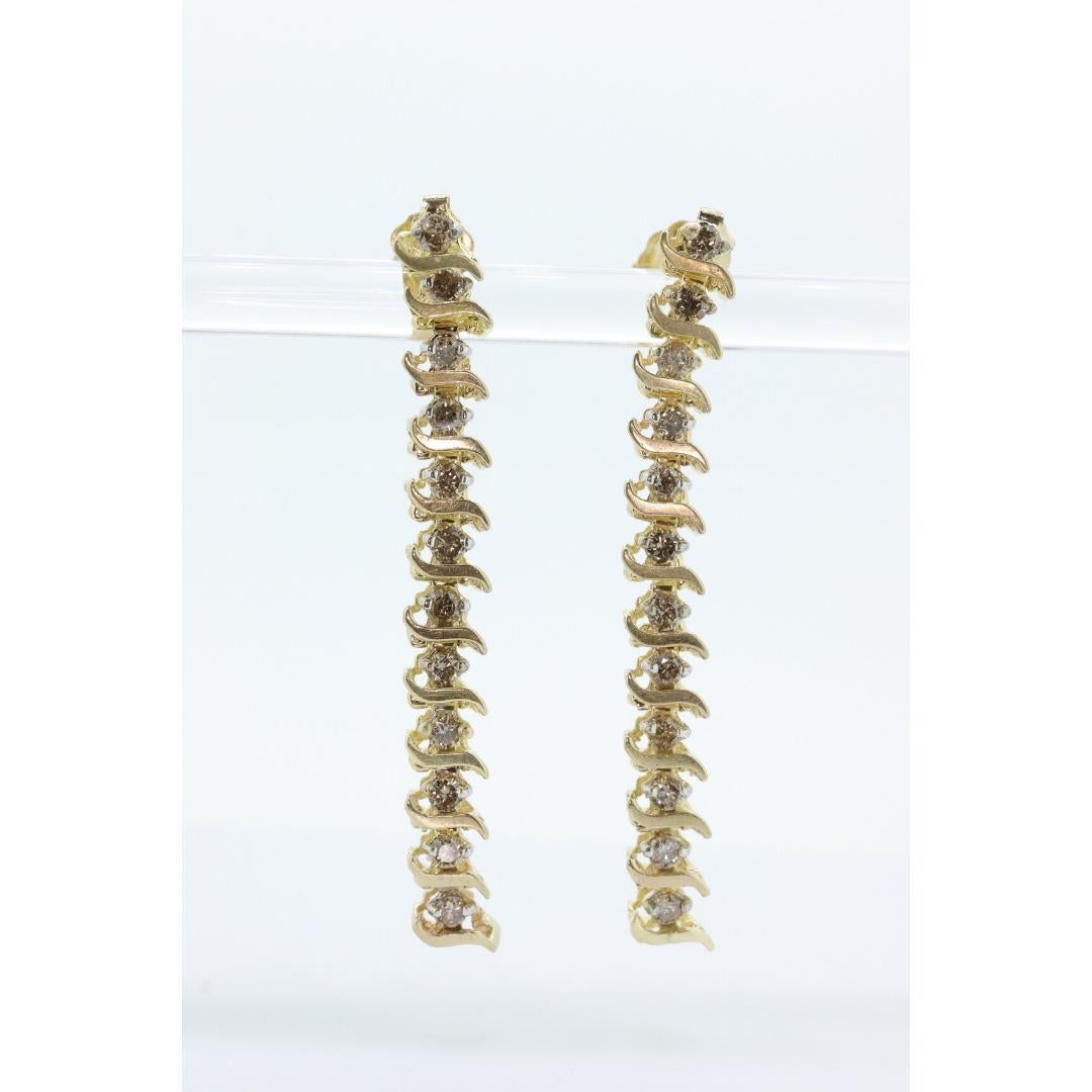 Boucles d'oreilles 10k diamant 3/4ctw. Boucles d'oreilles pendantes tennis à maillons en S avec diamants en champagne Bon état - En vente à Port Charlotte, FL