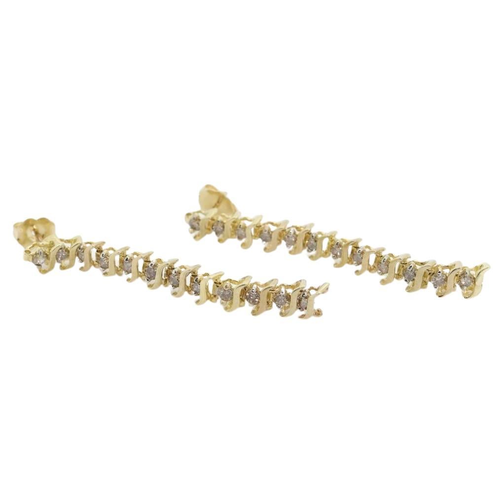 Boucles d'oreilles 10k diamant 3/4ctw. Boucles d'oreilles pendantes tennis à maillons en S avec diamants en champagne en vente