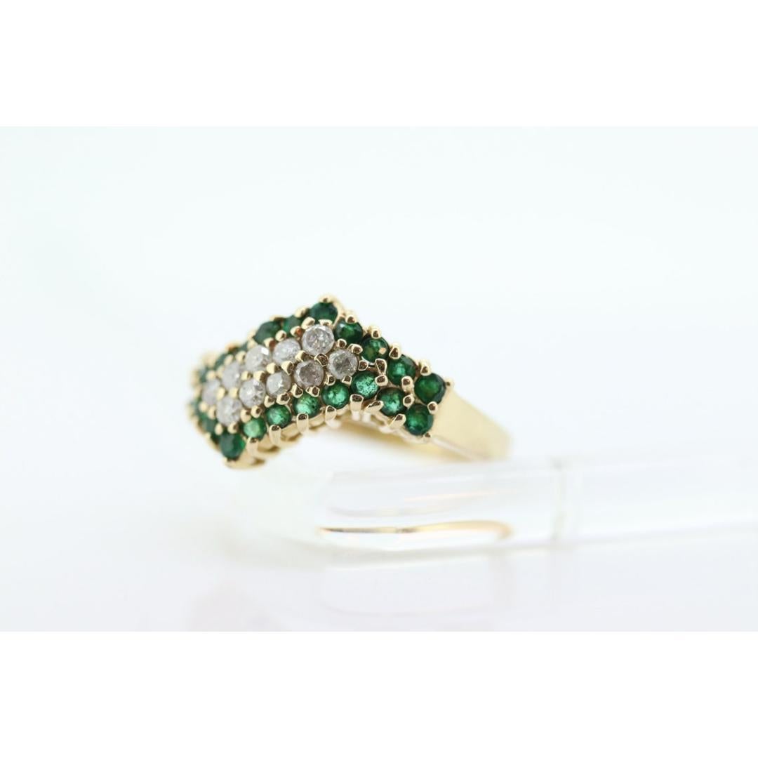Women's 10k Diamond Emerald Pave Encrusted Band. 10k Yellow Gold Diamond Emerald Dome For Sale
