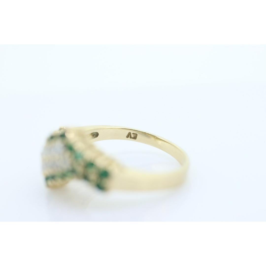 10k Diamond Emerald Pave Encrusted Band. 10k Yellow Gold Diamond Emerald Dome For Sale 4