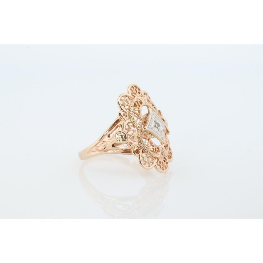 Women's 10k Filigree diamond ornate shield ring. 10k Art Deco diamond ring. sz5.75 For Sale
