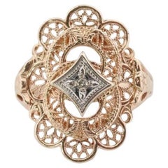 10k Filigree diamond ornate shield ring. 10k Art Deco diamond ring. sz5.75