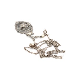 Art Deco 10K White Metal Filigree Pendant Necklace with Diamond Accent