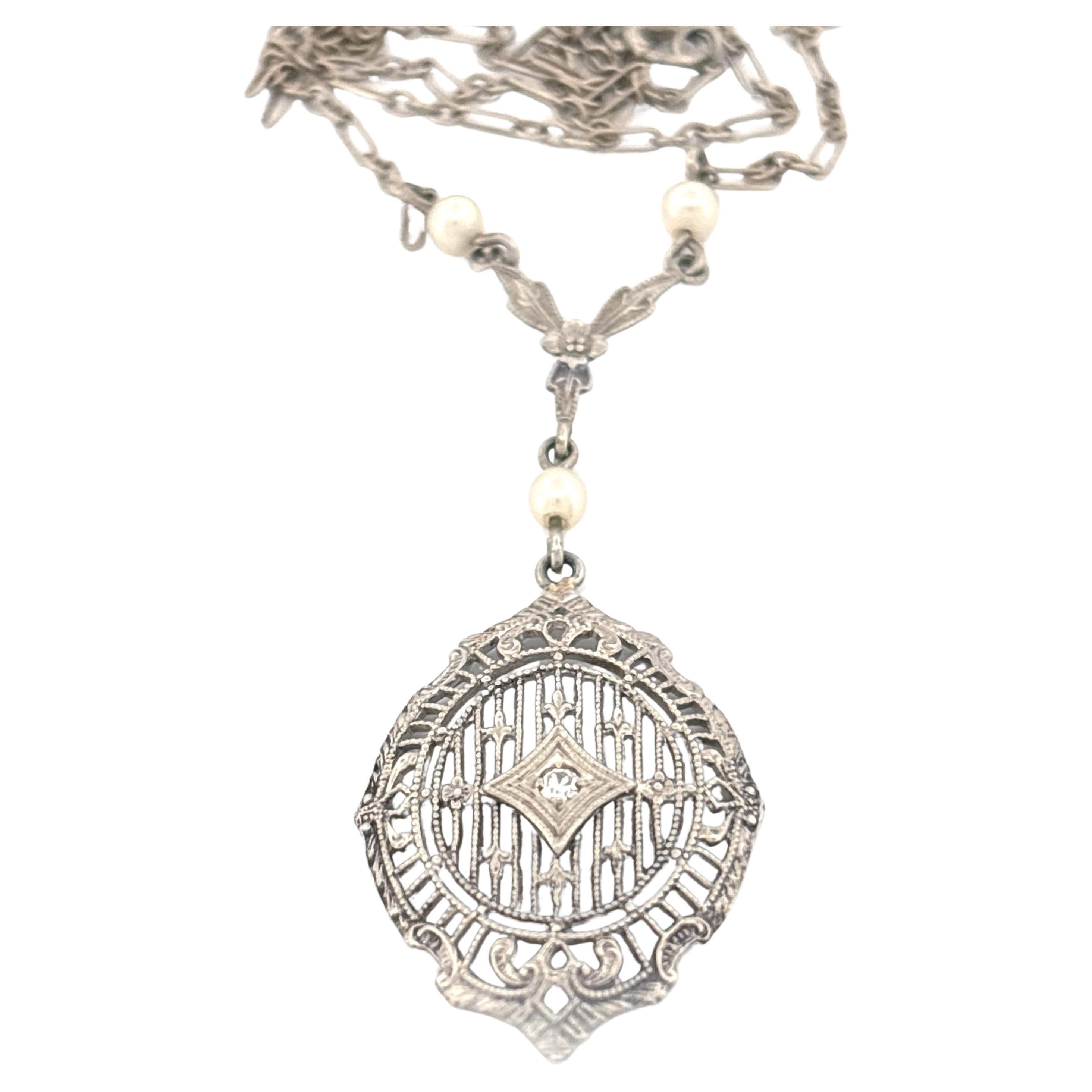 Art Deco 10K White Metal Filigree Pendant Necklace with Diamond Accent