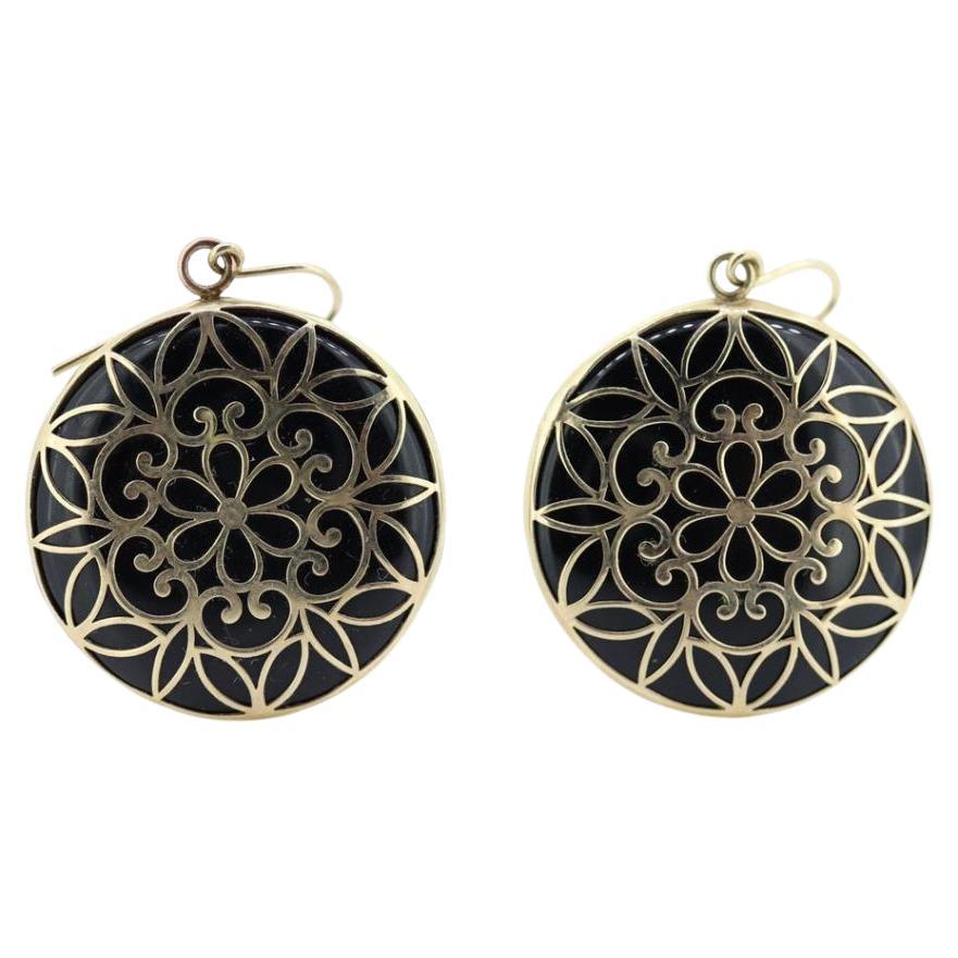 10k Filigree ONYX Medallion Earrings. 10k Gold Onyx Disk Floral Medallion Open