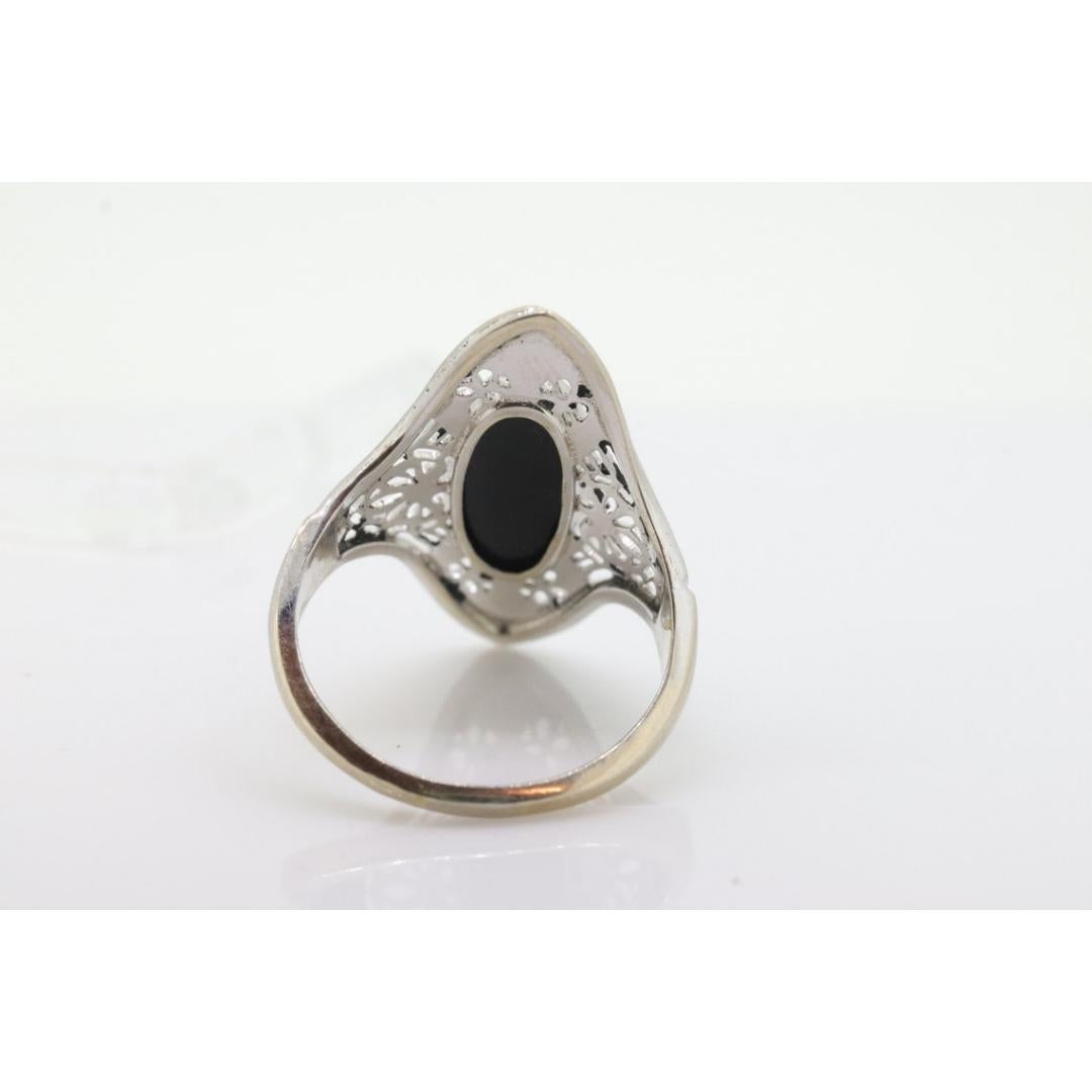 10k Filigraner Onyx Schildring. 10k Weißgold Schnörkel geprägter Art Deco Onyx Ring 1