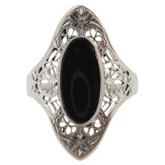 10k Filigree Onyx shield ring. 10k White Gold Scroll Embossed Art Deco Onyx ring