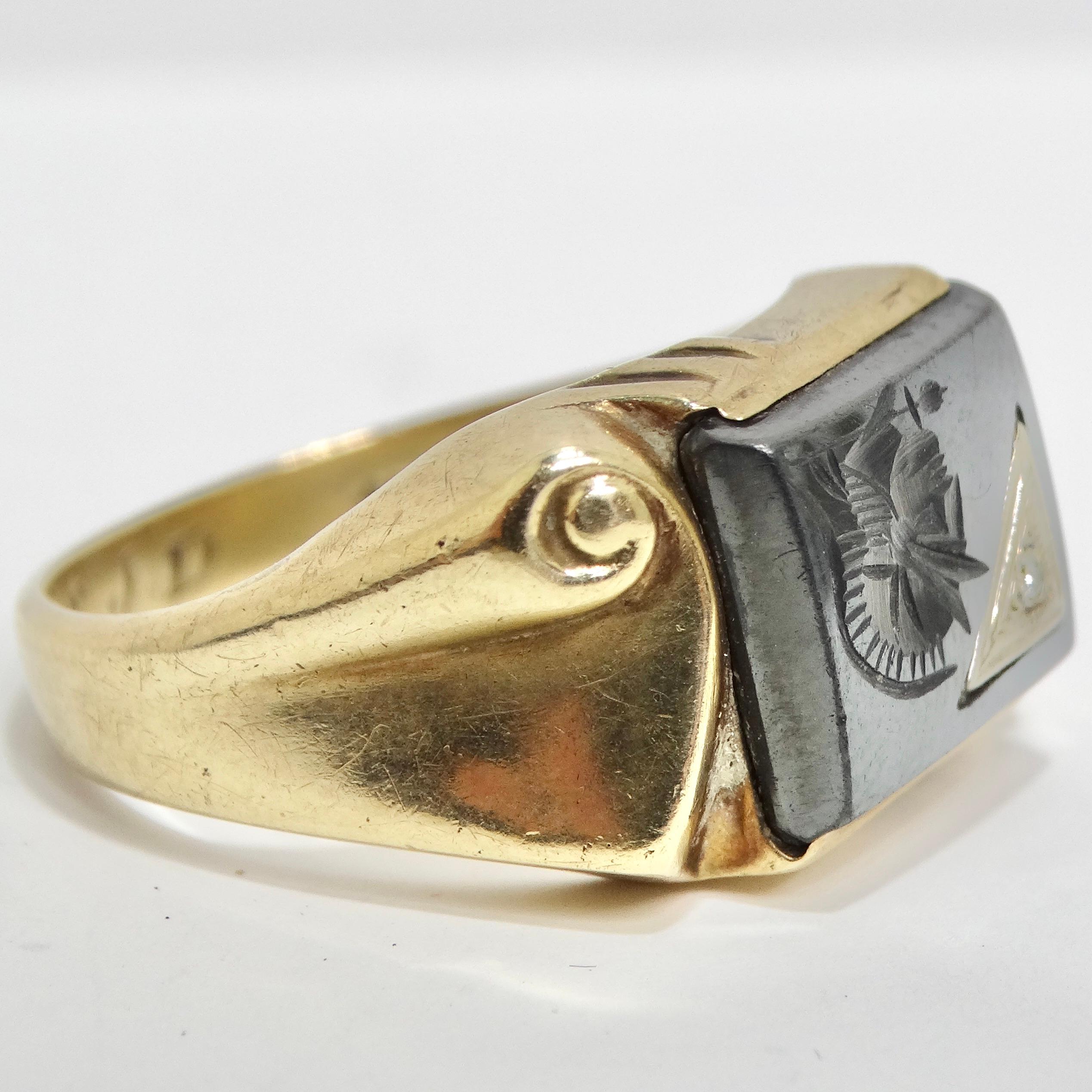 10K Gold 1960er Jahre Diamant Onyx römischer Soldatenring (Rundschliff) im Angebot