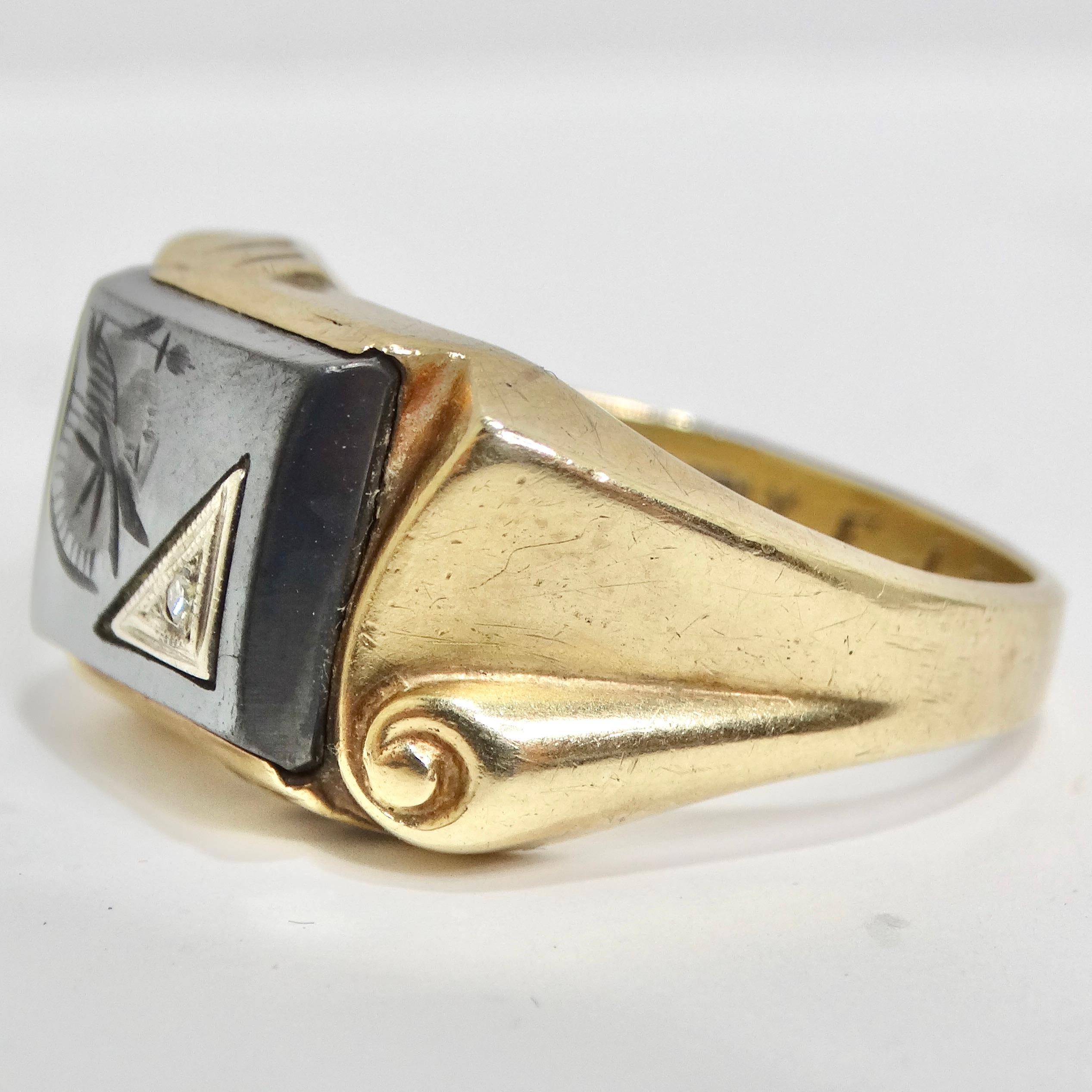 10K Gold 1960s Diamond Onyx Roman Soldier Ring In Excellent Condition For Sale In Scottsdale, AZ