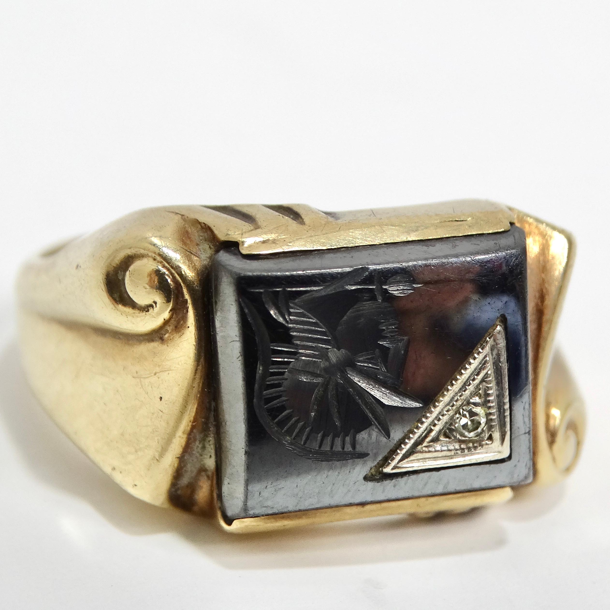 Women's or Men's 10K Gold 1960s Diamond Onyx Roman Soldier Ring For Sale