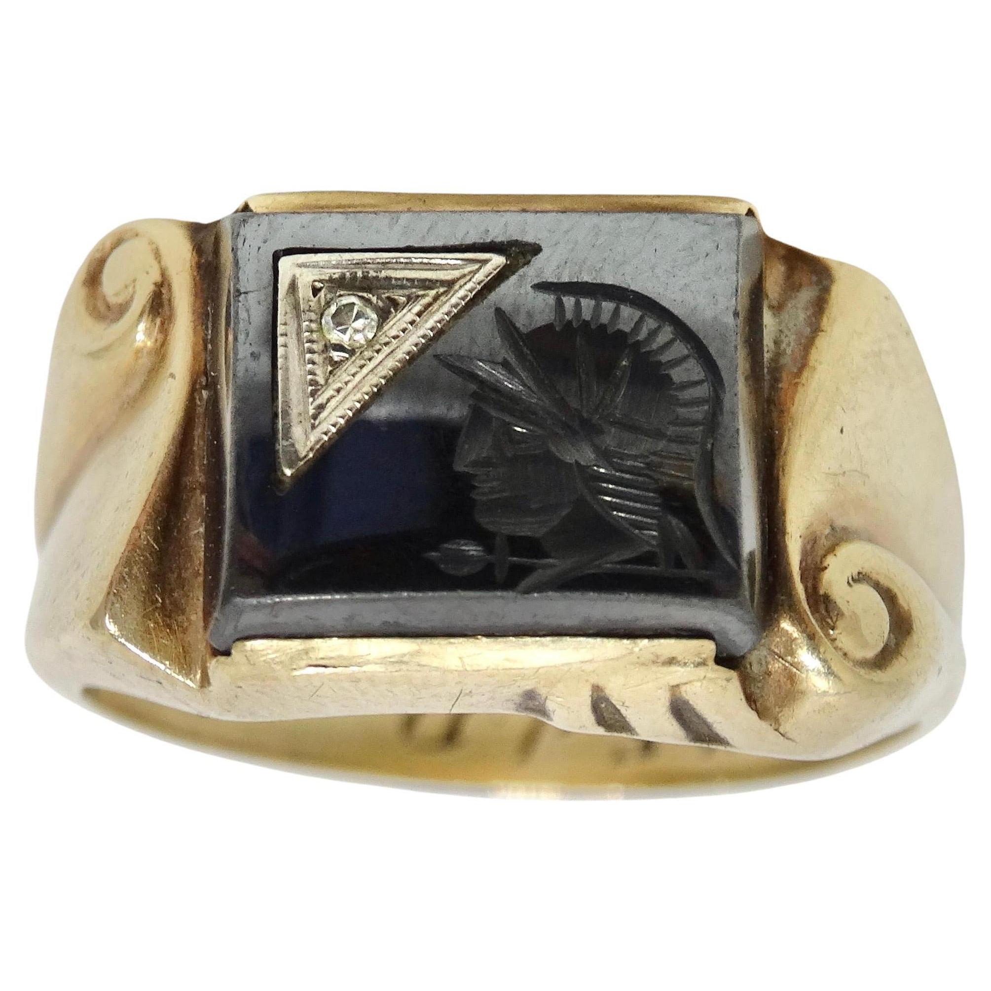 10K Gold 1960s Diamond Onyx Roman Soldier Ring For Sale