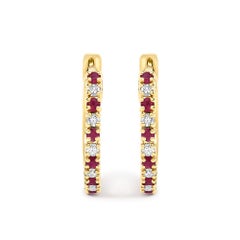 10K Gold Alternating Diamond and Red Ruby Huggy Hoop Earrings for Women