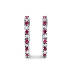10K Gold Alternating Diamond and Red Ruby Huggy Hoop Earrings for Women