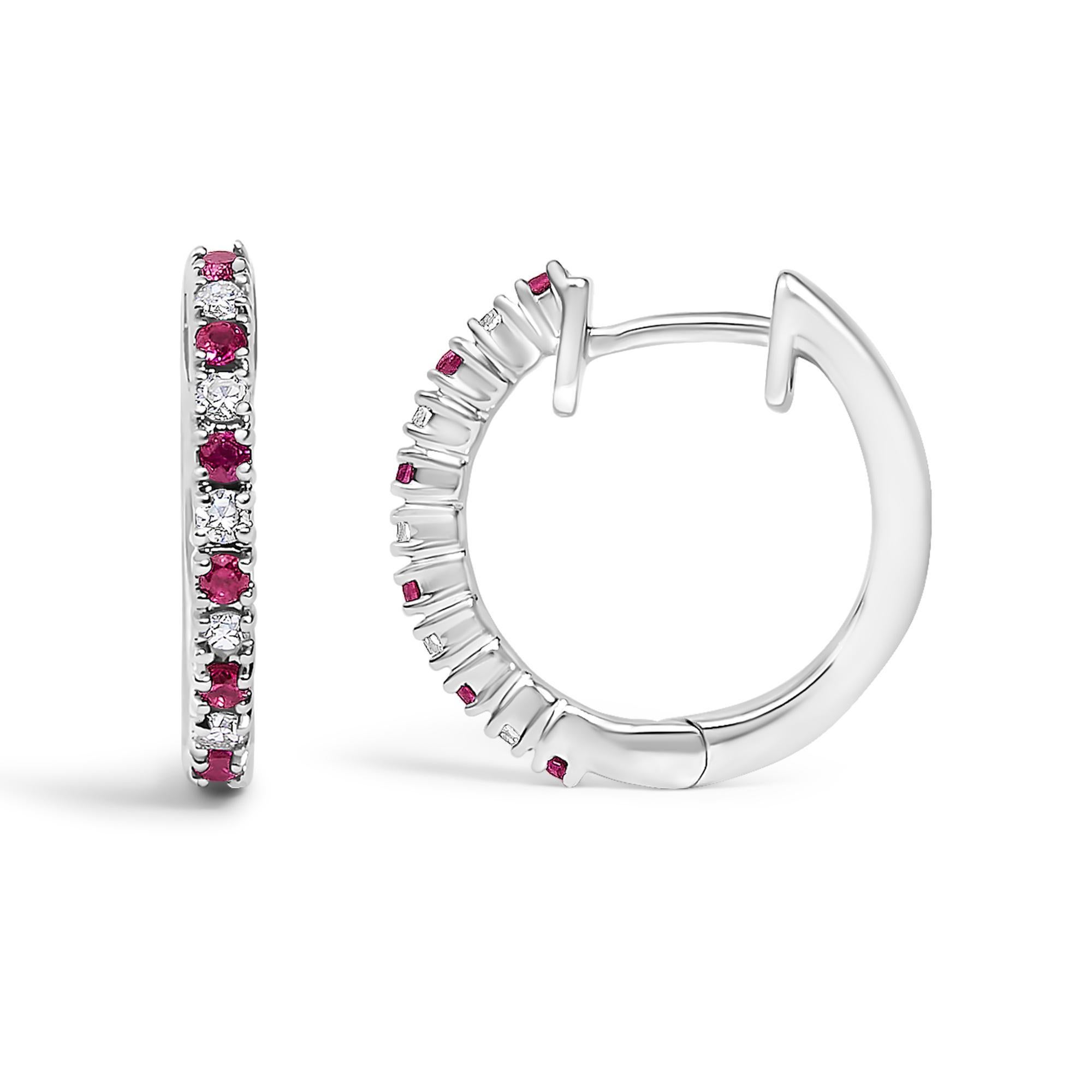 Moderne Boucles d'oreilles en or 10 carats alternant diamants et rubis rouges pour femmes en vente