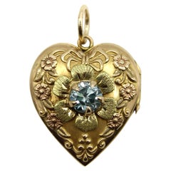 10K Gold Art Deco Zircon and Flowered Heart Locket