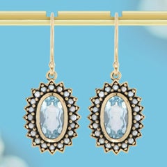 9K Gold Blue Topaz and Pearl Vintage Style Drop Earrings