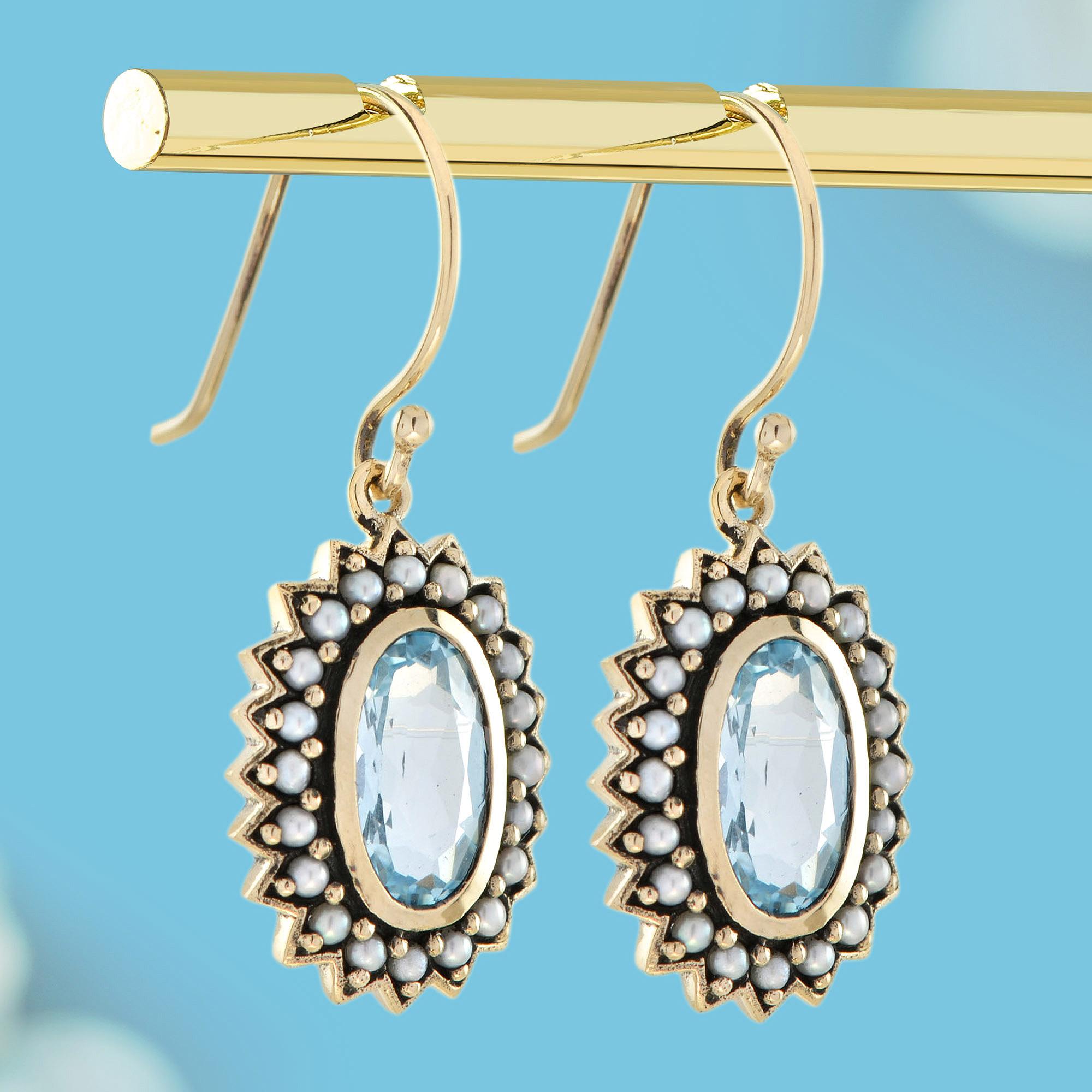 10K Gold Blauer Topas und Perle Vintage Style Tropfenohrringe (Edwardian) im Angebot