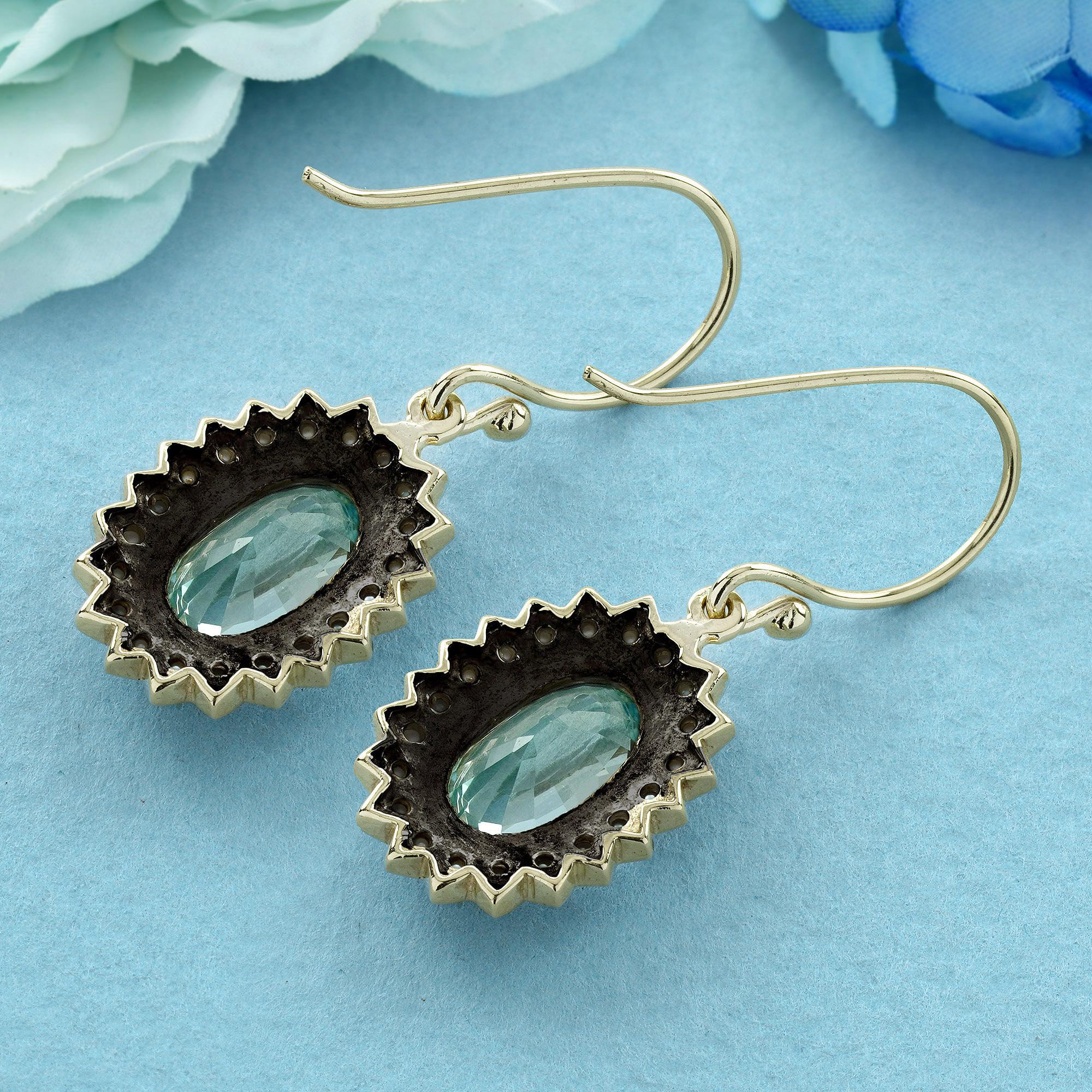 10K Gold Blauer Topas und Perle Vintage Style Tropfenohrringe (Ovalschliff) im Angebot