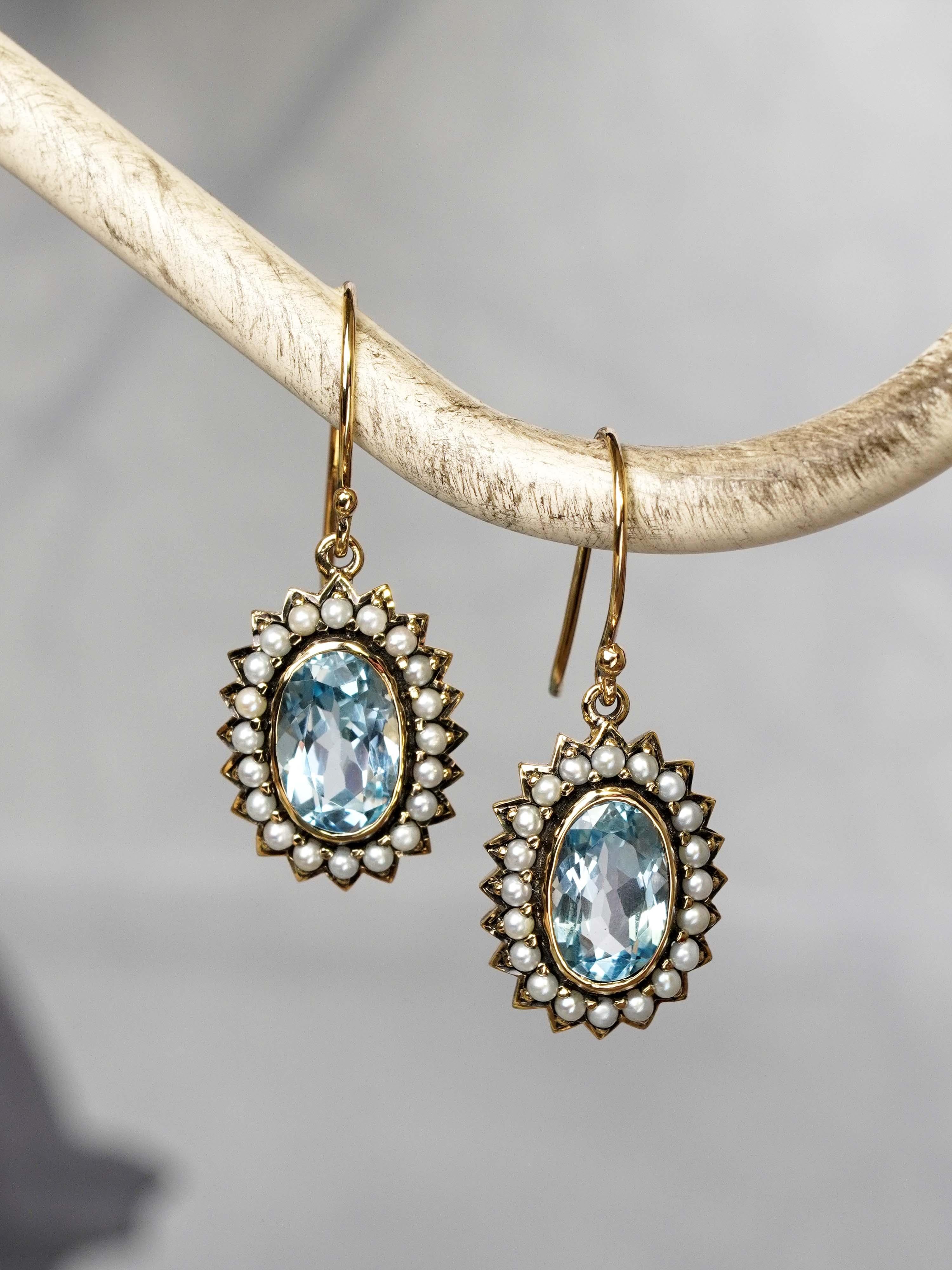 10K Gold Blauer Topas und Perle Vintage Style Tropfenohrringe Damen im Angebot