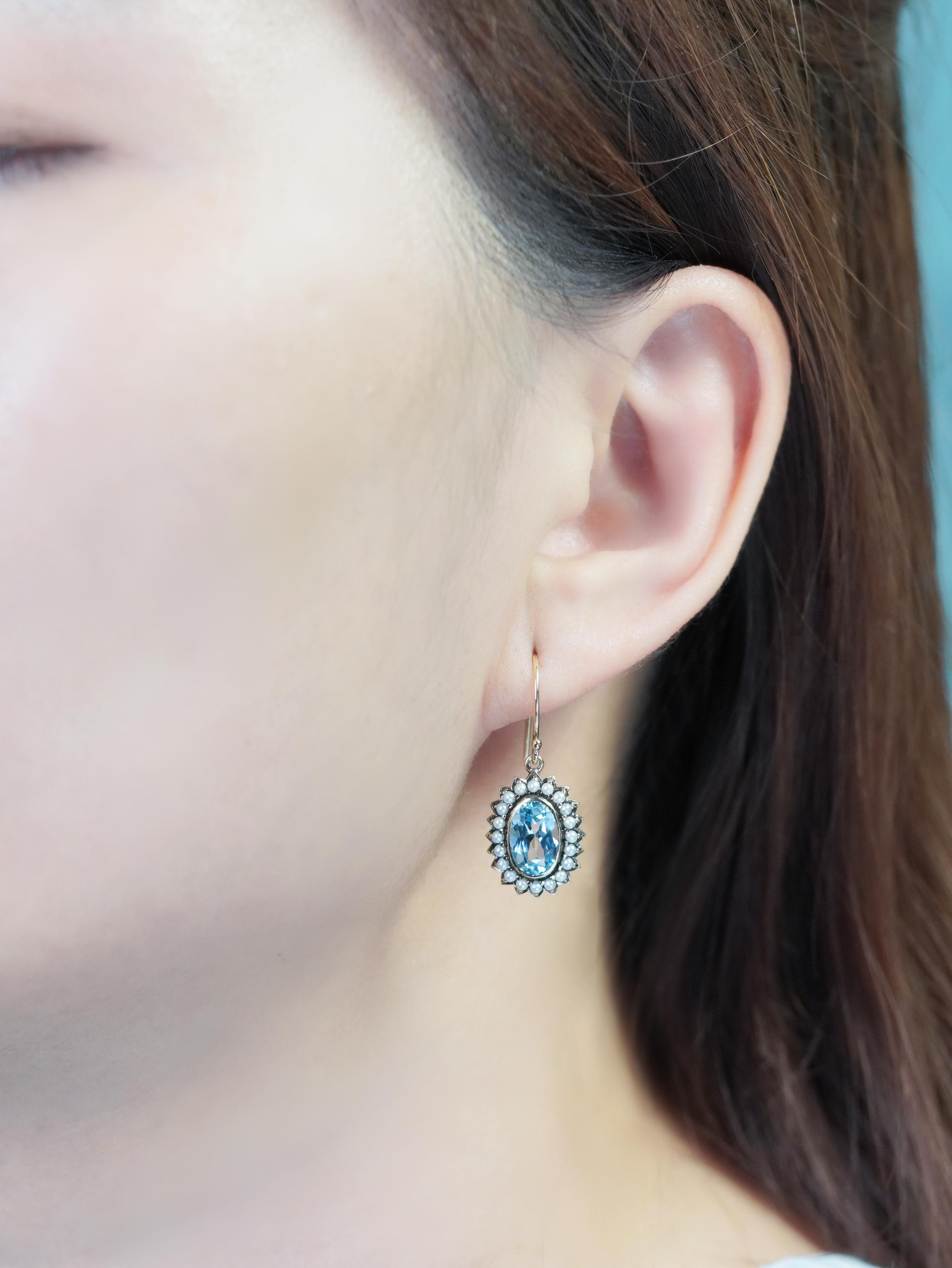 10K Gold Blauer Topas und Perle Vintage Style Tropfenohrringe im Angebot 2