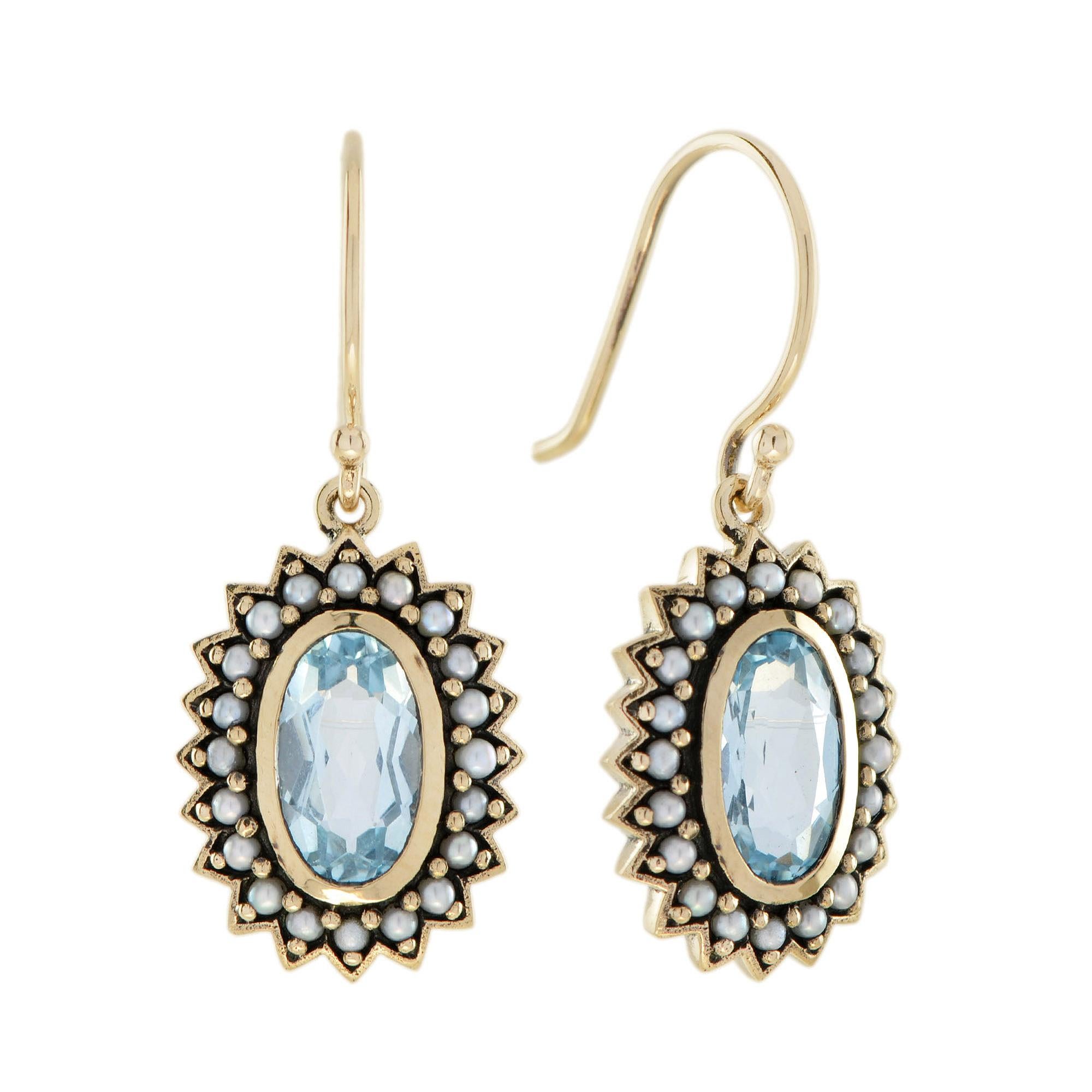 Orecchini a goccia in oro 10K con topazio blu e perle in stile vintage