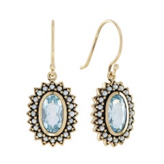 Orecchini a goccia in oro 10K con topazio blu e perle in stile vintage