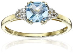 10 Karat Gold Blue Topaz Cushion with Diamond December Birthstone Ring