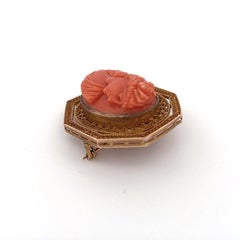 10K Gold Coral Cameo Brooch