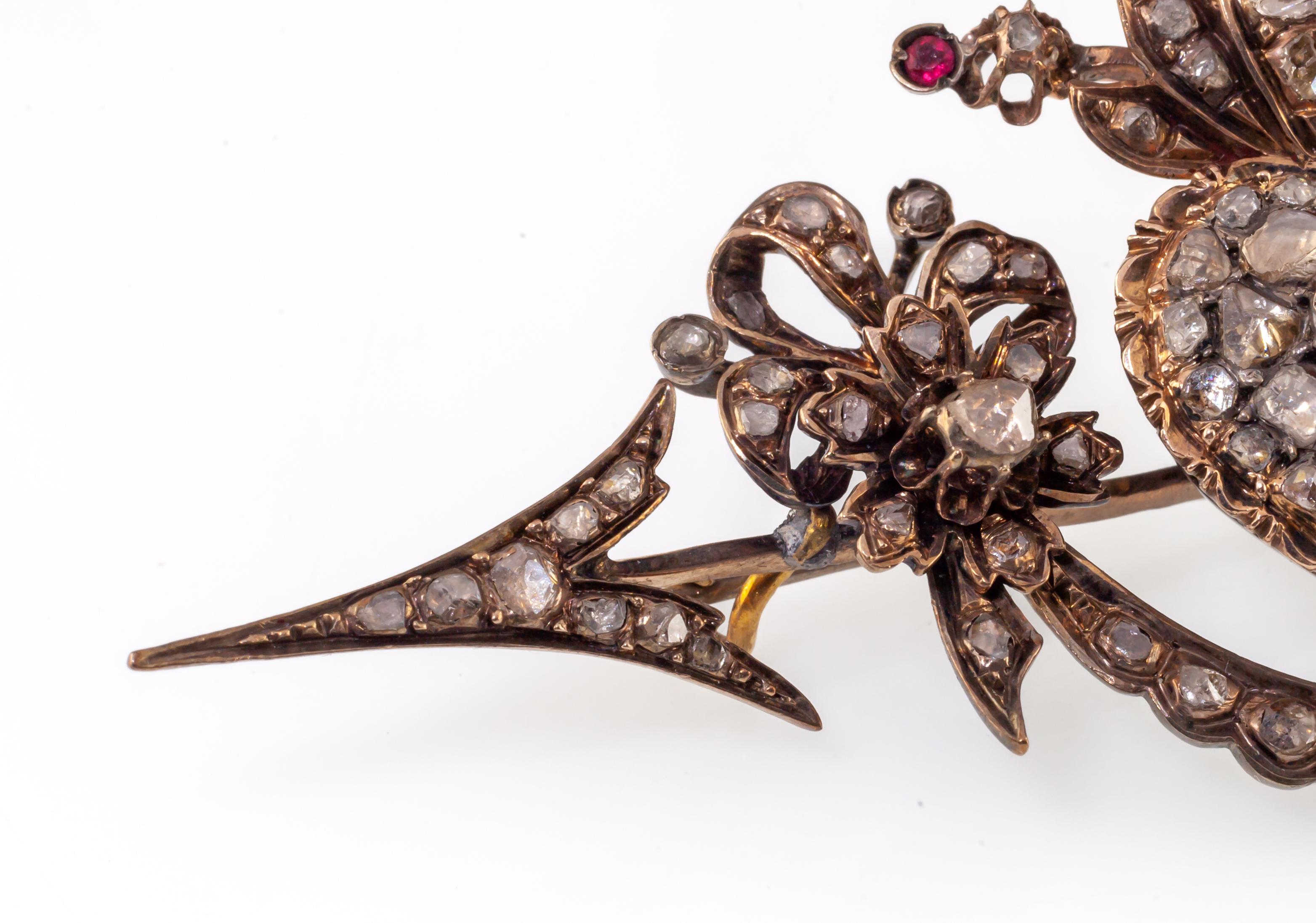 Women's 10k Gold Custom Antique Heart Arrow Brooch w/ Diamonds and Rubies For Sale