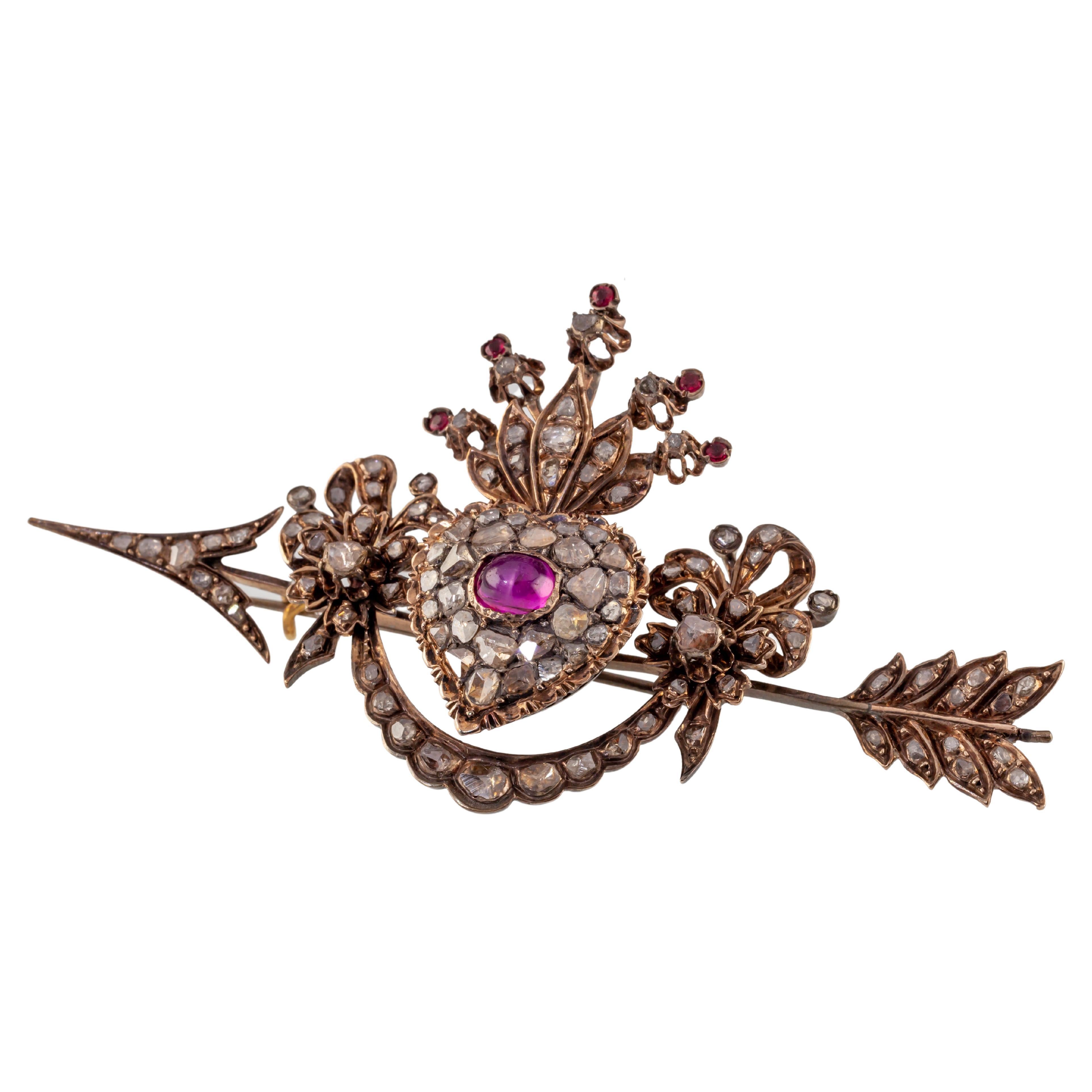 10k Gold Custom Antique Heart Arrow Brooch w/ Diamonds and Rubies For Sale