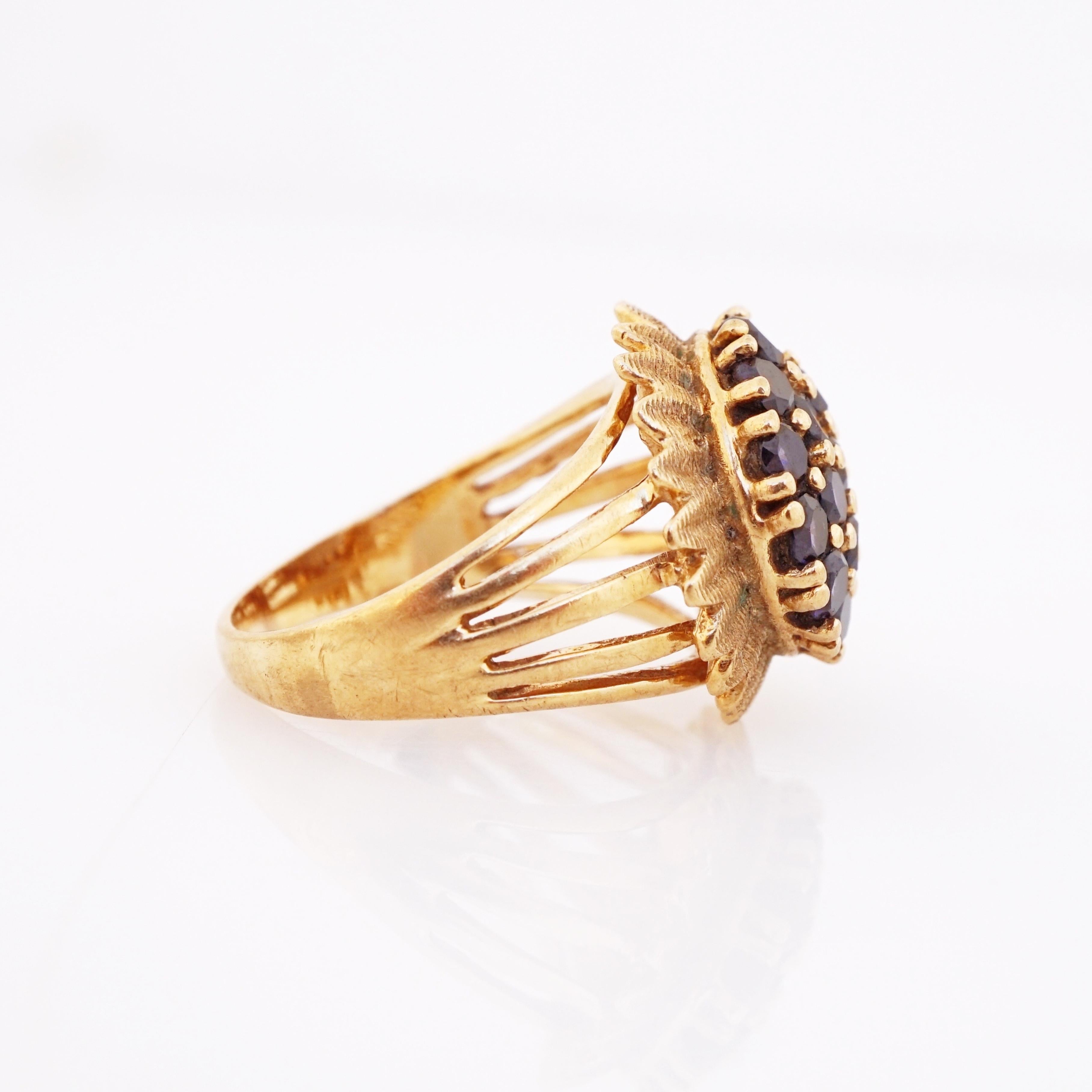 Modern 10k Gold Floral Ring with Sapphire Gemstones, 1970s For Sale