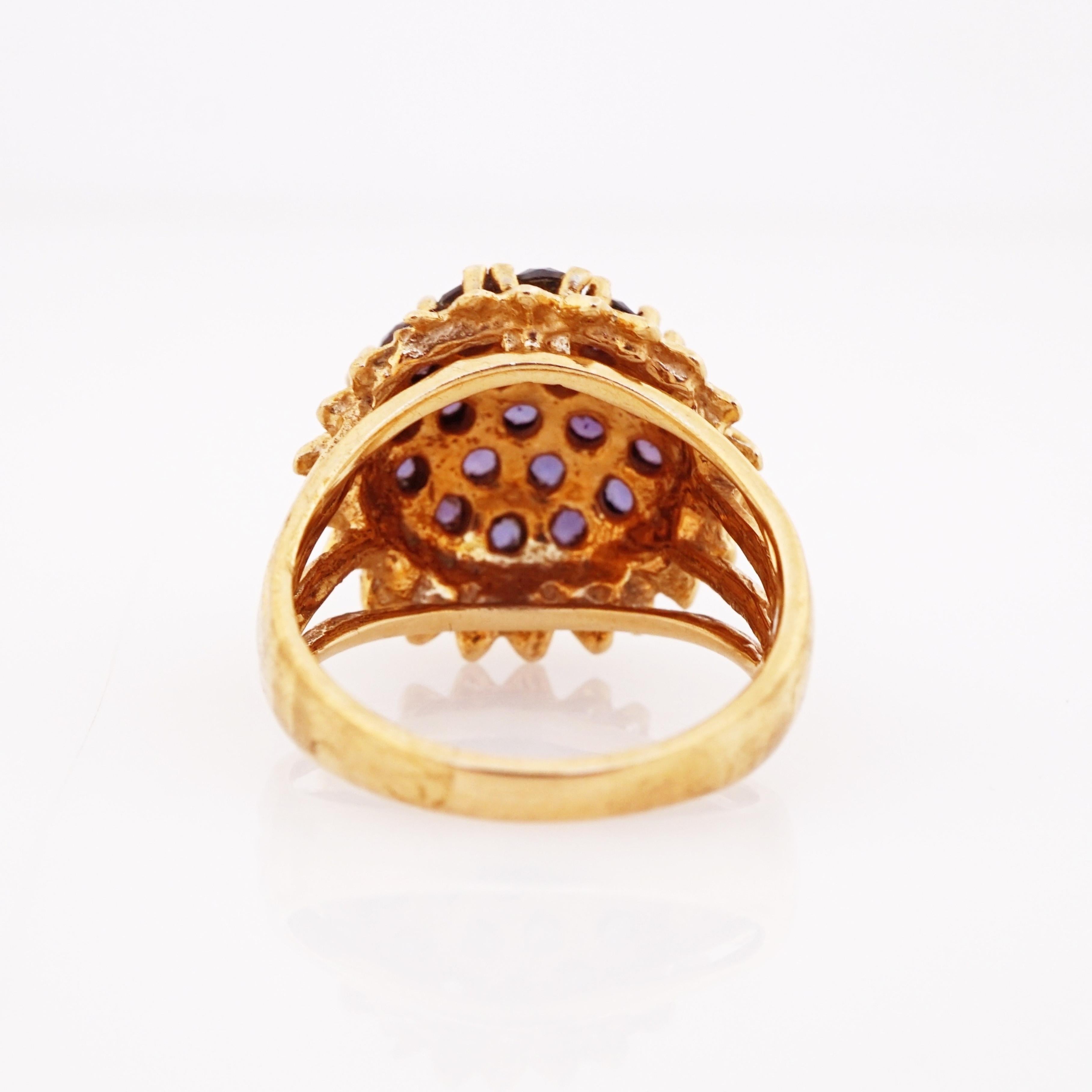 Round Cut 10k Gold Floral Ring with Sapphire Gemstones, 1970s For Sale