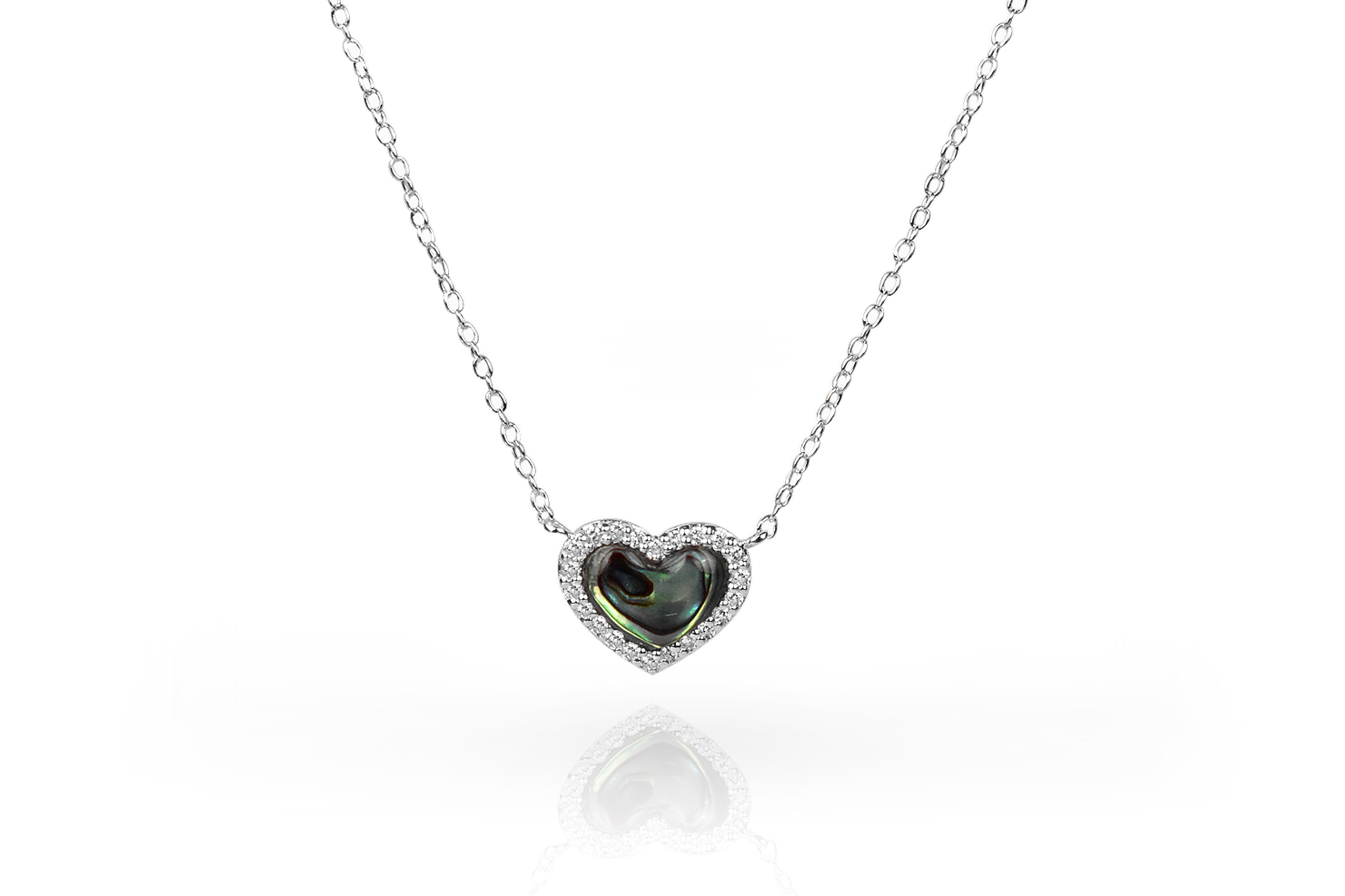 Gemstone Heart Necklace 8.78 mm. x 11.08 mm. is made of 10k solid gold available in three colors of gold and four options of gemstone.
Gold: White Gold / Rose Gold / Yellow Gold.
Gemstone: Abalone / Tahitian Black MOP / White MOP / Pink