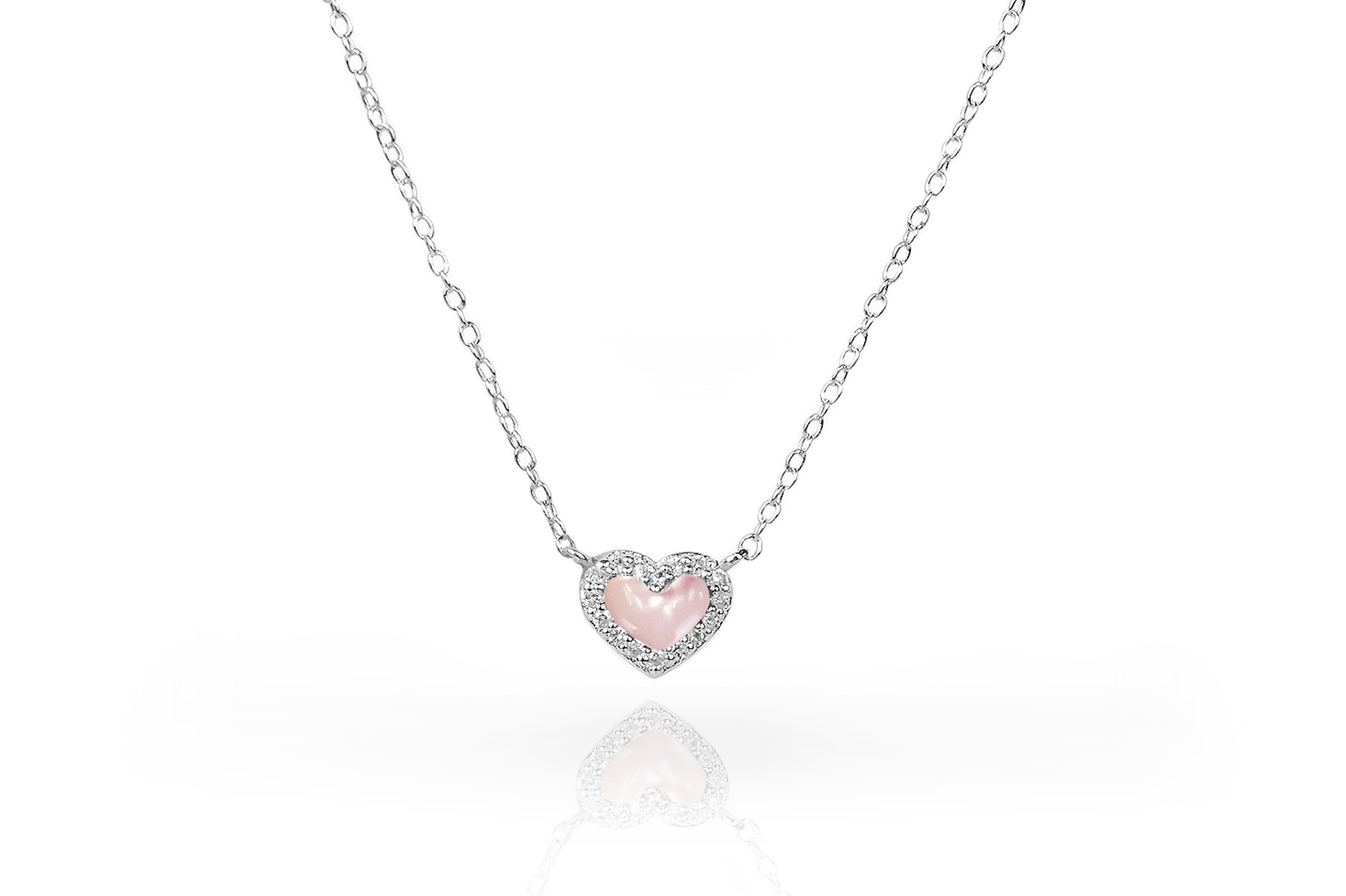 Gemstone Heart Necklace 6.59 mm. x 8.15 mm. is made of 10k solid gold available in three colors of gold and four options of gemstone.
Gold: White Gold / Rose Gold / Yellow Gold.
Gemstone: Abalone / Tahitian Black MOP / White MOP / Pink MOP

Delicate