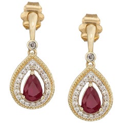 10k Gold Genuine Burmese Ruby Pear with Genuine White Sapphire & Diamond Earring