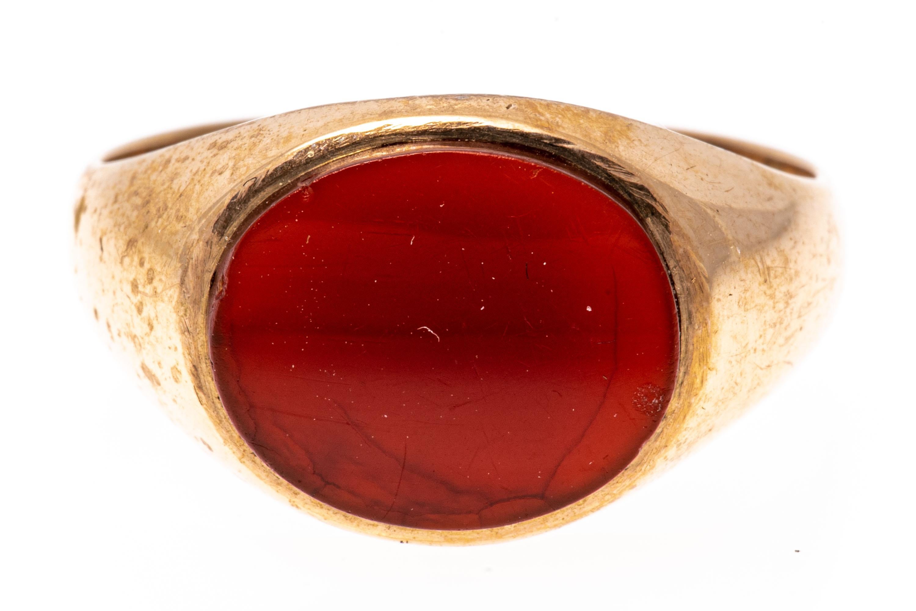 Oval Cut 10k Gold Horizontal Oval Carnelian Signet Style Ring For Sale