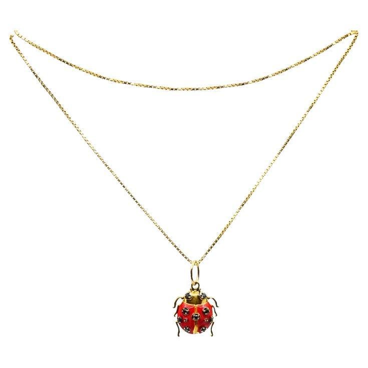 Pendentif coccinelle en or 10k avec accents de diamants noirs Collier chaîne en or 14k