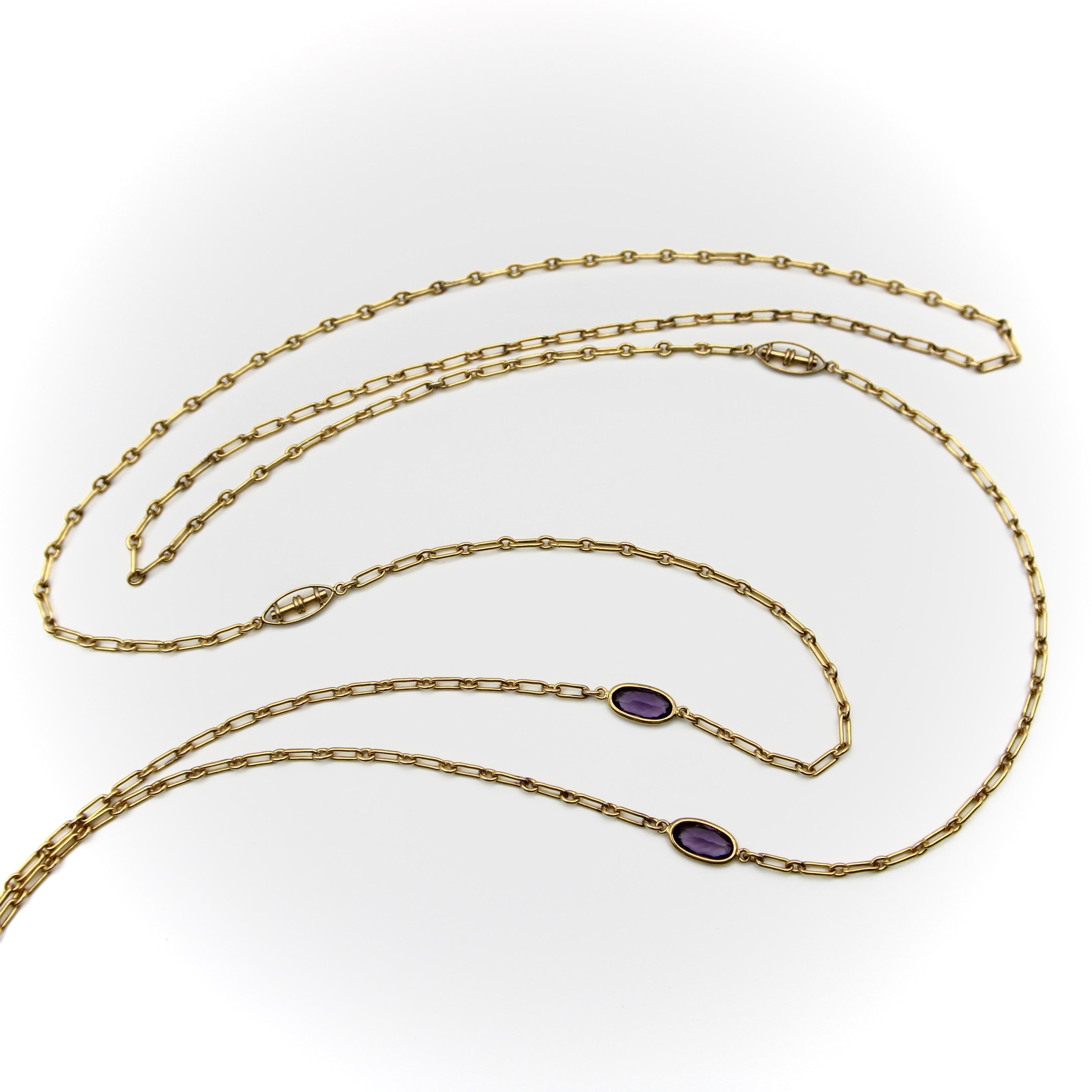 Edwardian 10K Gold Long Chain with Oblong and Purple Paste Stations  For Sale
