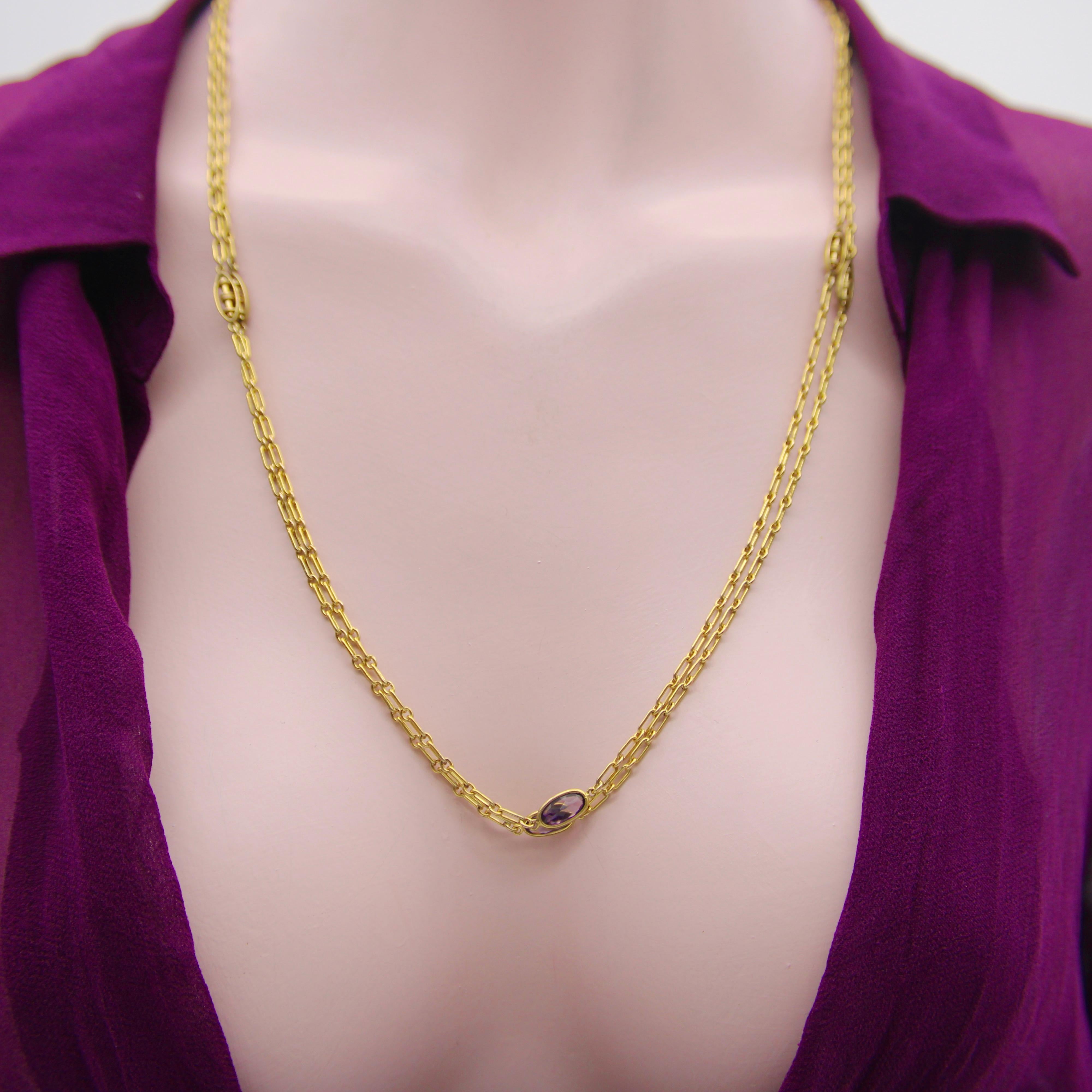 10K Gold Long Chain with Oblong and Purple Paste Stations  For Sale 1