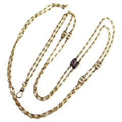 Antique 10K Gold Long Chain with Oblong and Purple Paste Stations 