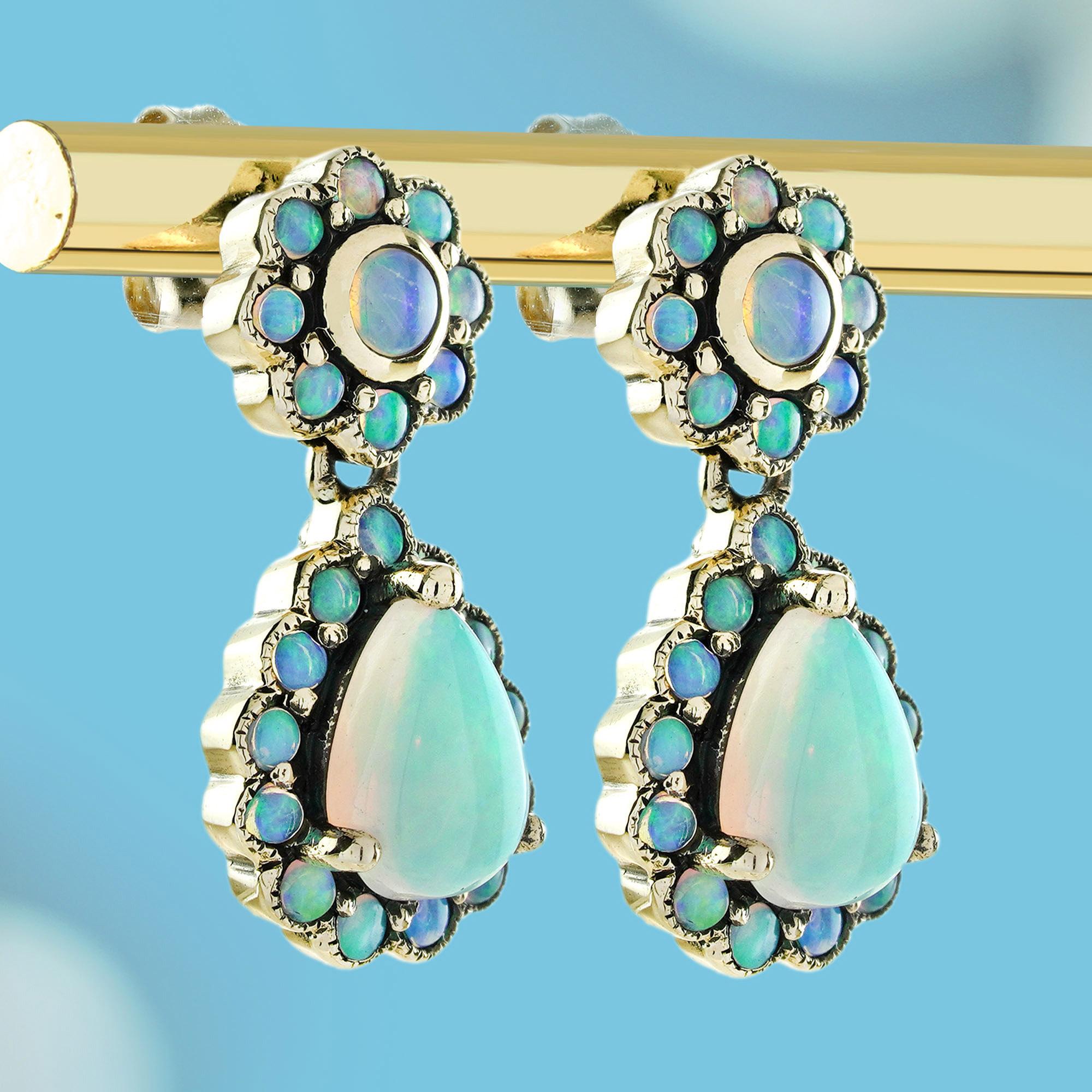 10K Gold Opal Vintage Style blühende Ohrringe baumeln (Edwardian) im Angebot