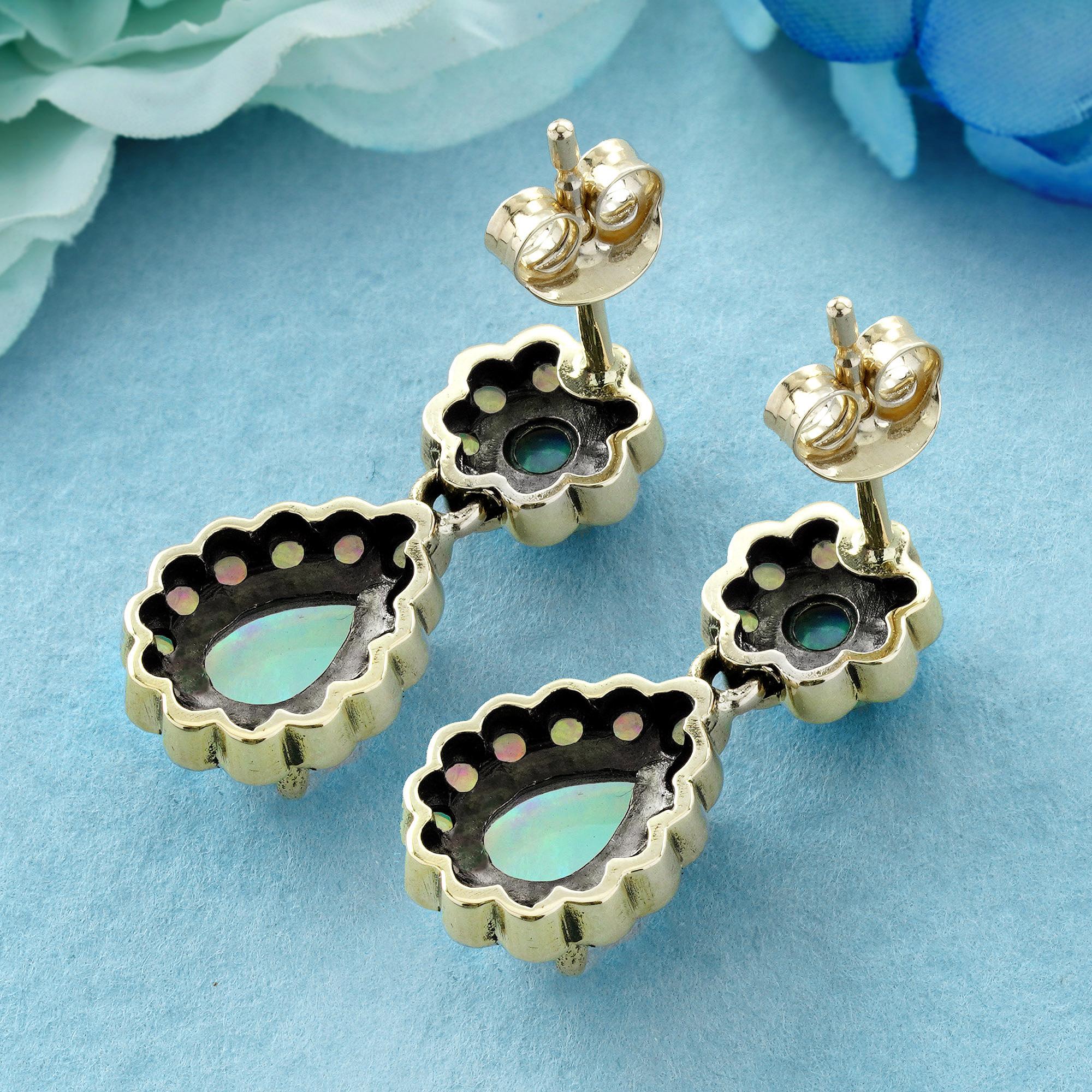 10K Gold Opal Vintage Style blühende Ohrringe baumeln (Rundschliff) im Angebot