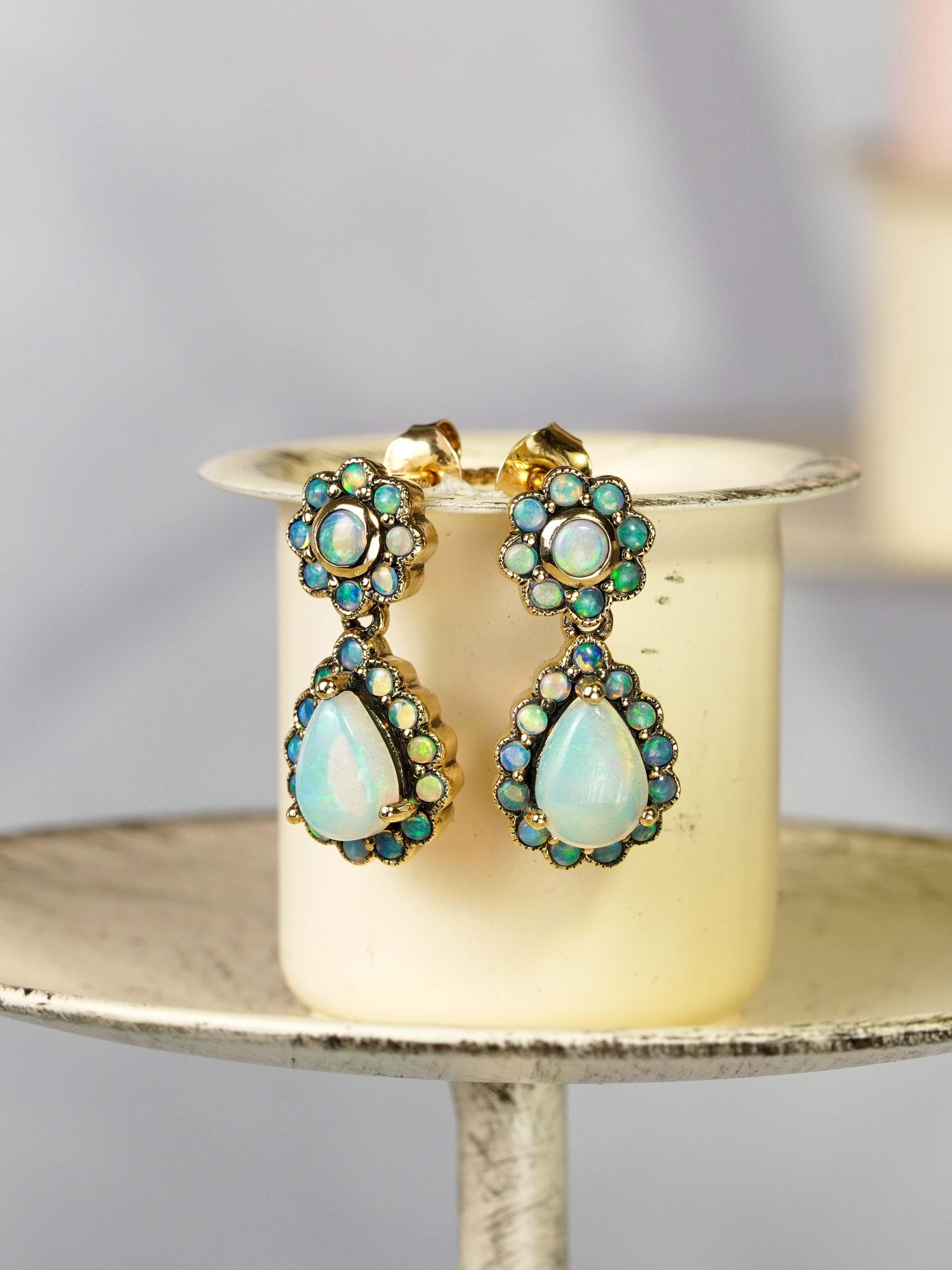 10K Gold Opal Vintage Style blühende Ohrringe baumeln Damen im Angebot