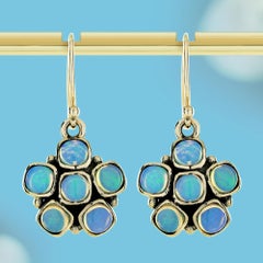 9K Gold Opal Vintage Style Floral Cluster Drop Earrings